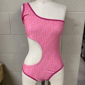 NWT Fendi Pink FF Monogram Asymmetrical One Piece Off the Shoulder Swimsuit M